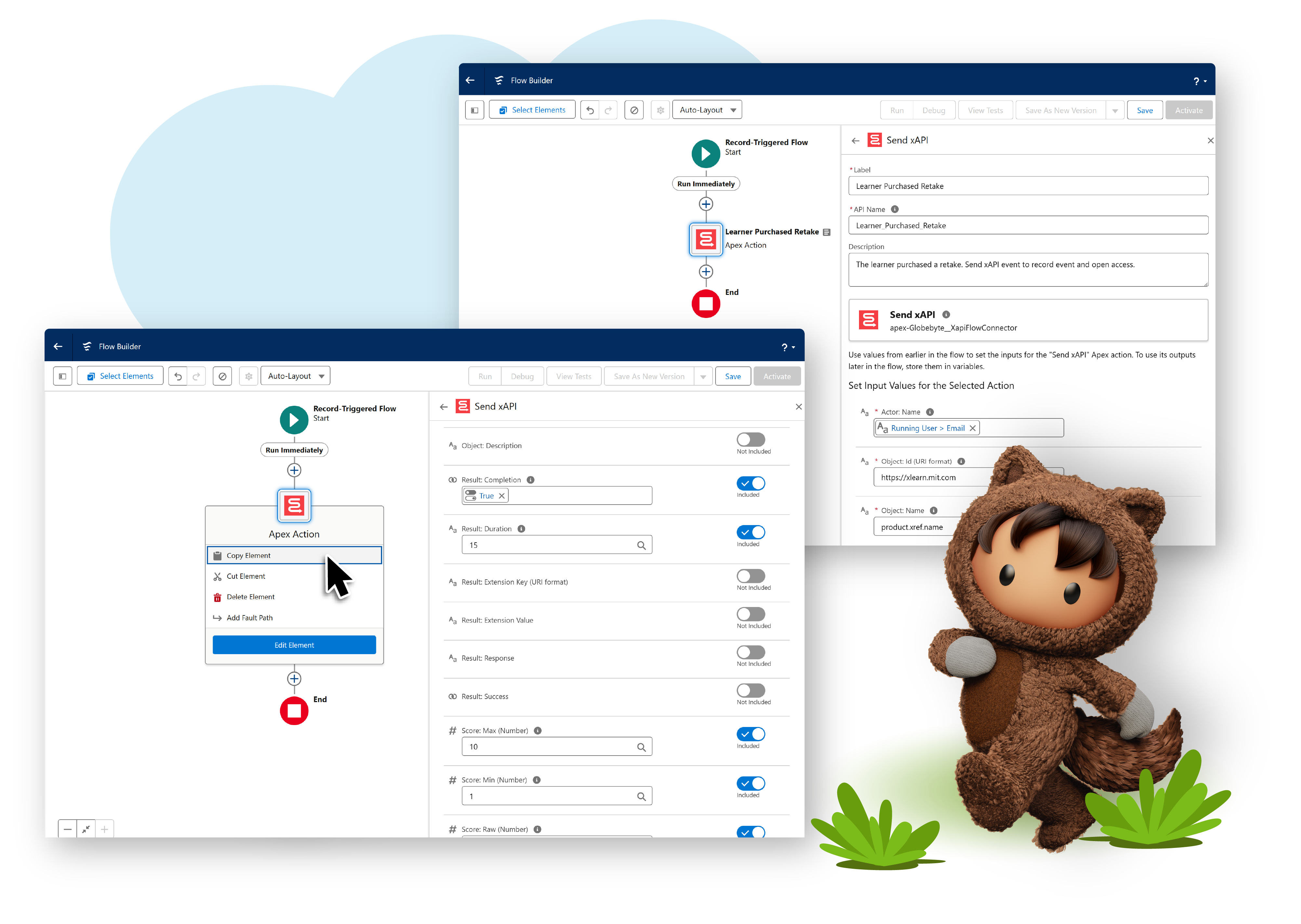 Screenshot of Experience for Learning interface in Salesforce Flow Builder showing automated xAPI data integration