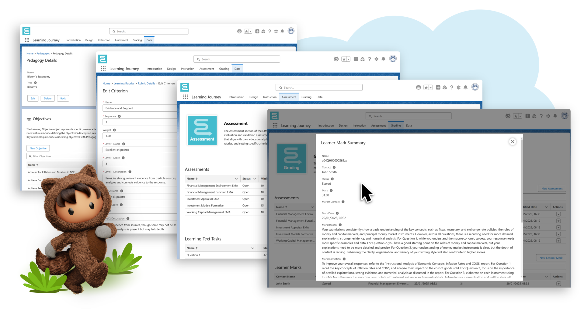 Screenshot of Learning Journey Model interface showing configuration screens for pedagogy, rubrics, assessments, and AI-generated outcomes